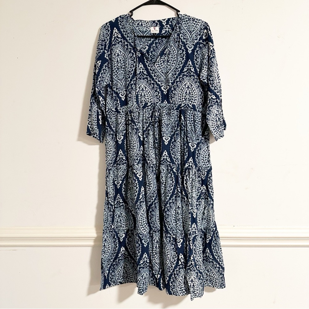 Ethnic Traders Blue Paisley Tie Waist Midi Dress Size Large L EUC With Pockets